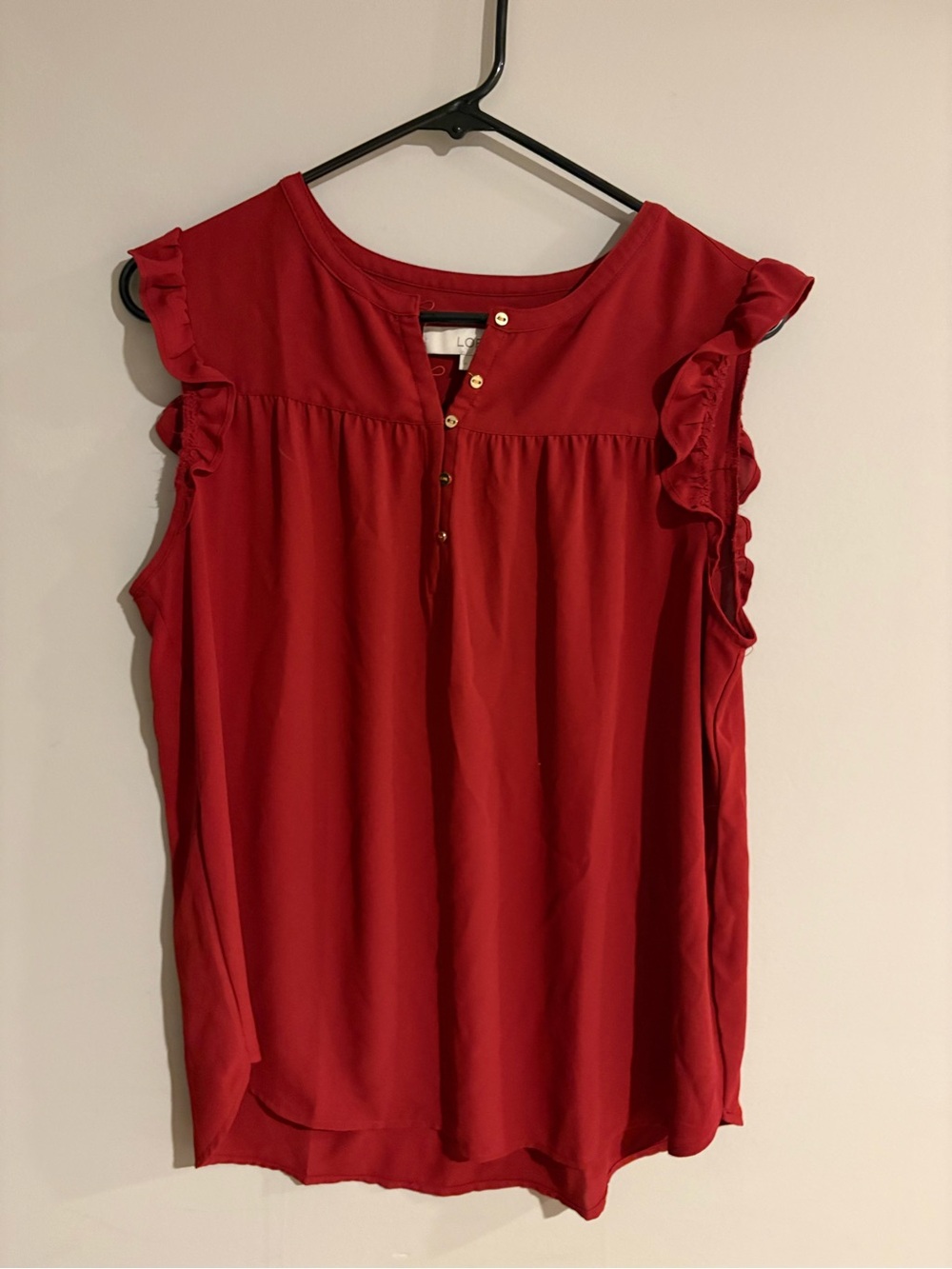 LOFT Red Ruffle Sleeve Blouse Women’s M Gold Button Flowy Top